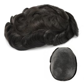 Topunique Toupee Hair for Men with 0.03mm Ultra-Thin Skin Base 8x10 Inch Size and 6 Inch Length featuring Full Knotless V-Looped and 100% Remy Human Hair in #1B Natural Black
