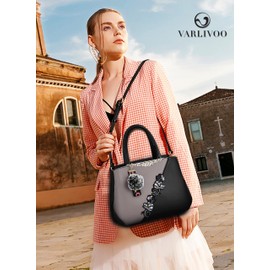 VARLIVOO Women Top-Handle Bag Flower Pattern Shoulder Bag Pom Pom Decoration Ladies Tote Bag Messenger Bag Travel Waterproof PU Leather