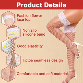 Fishnet Stockings, Hold-Up, 4 Pairs of Fishnet Stockings, Hold-Up, Thigh Stockings, Suitable for Role Play (Red White), White, red