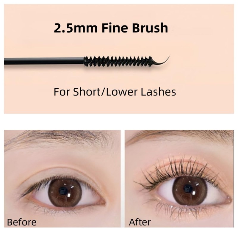 Fine Brush Mascara, Waterproof Mascara for Short/Sparse Eyelashes, Volume, Long