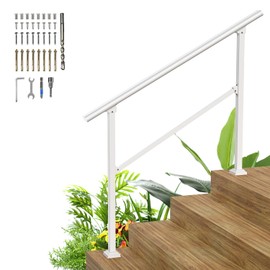 4 Steps Heavy Duty Metal Handrail - White Wrought Iron Railing for Wooden & Concrete Steps - Hand Rails for Indoor/Outdoor Use