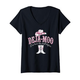 Womens Playful Deja Moo Pun with Cowboy Hat & Boots Pink Cow Print V-Neck T-Shirt