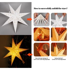 HOUISM Paper Star Lanterns Christmas Hanging Paper Star Lampshade, Christmas Window Lights Decorations White Hanging Paper Stars for Xmas Wedding Party Home - 3PCS with 3*Fairy Lights