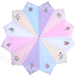 Lusofie 12pcs Ladies Handkerchiefs Floral Lace Handkerchiefs Soft Cotton Ladies Hankies Embroidery Ladies' Vintage for Wedding Party (6 Colors)