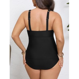 CUPSHE - Conjunto de tankini de talla grande para mujer, cuello redondo, dos piezas, tirantes ajustables, talle medio, fruncido, Negro -, Large Plus