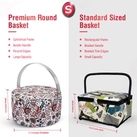 SINGER Premium Round Large Sewing Basket with Matching Zipper Pouch | 30% More Storage Volume (Floral Paisley Print)