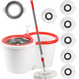 Colorful 360° Spin Mop and Bucket Set with 3 Microfiber Refills, 61in Stainless Steel Adjustable Extendable Pole, Plastic Bucket for General Cleaning:_Black wheels & 3mop heads