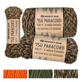 Camo Paracord 750 Heavy Duty Paracord Rope by Mossy Oak in 50 FT, 100 FT & 200 FT Lengths - Camping, Fishing, Hunting, Outdoor Use & DIY Crafting - Available in Orange & Olive Green Paracord Spools