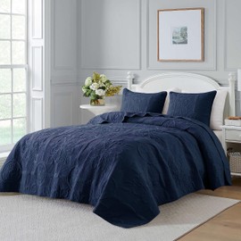 B2EVER Boho Quilt California King Size Bedding Set with Pillow Shams, Navy Blue Quilted Blanket Thin Comforter Bed Cover, 3 Pieces, 118x106 inches