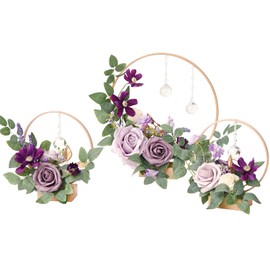 Ling's moment Crystal Wooden Hoop Wreath Floral Centerpieces for Sweetheart Table, Head Table, Ceremony Reception Artificial Flowers Decorations, Assemble Required - Lilac & Gold