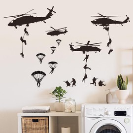 SUPERDANT Soldier Landing‌ Wall Decals Helicopter‌ Wall Stickers Parachute Wall Decor Decals Vinyl Wall Decor for Boy's Bedroom Living Room Hallways Family Office Classroom Boy's Gift