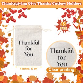 SilTriangle 48 Pcs Cutlery Holders for Thanksgiving Rustic Farmhouse Canvas Linen Utensil Bags 4 x 6 Inches Thankful for You Silverware Holders for Thanksgiving Autumn Fall Table Decor Party Favor