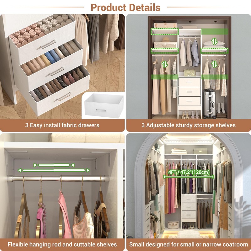 Besiost 4FT Small Closet System with 3 Fabric Drawers, 48''