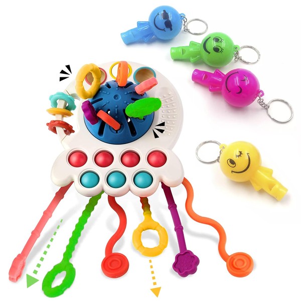 Baby Montessori Toys for 18M+, Infant Toddler Food Grade Silicone Sensory Pull String Activity Baby Teether Teething Travel Car Seat Stroller Birthday Fine Motor Toy + 4PCS LED Smile Face Whistle Toy