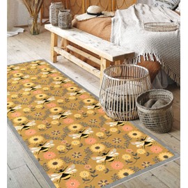 Floor Flair Collection, Honey and Hive Bee Floral 2.5 x 7 Feet, Durable Waterproof & Stain Resistant Vinyl, Indoor Area Mat, Protective Floor Covering, Interior Home Décor