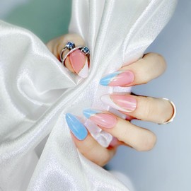 Nailsculpt Press On Nails - Almond Pastel Blue and Peach with Gold Stripe Fake Nails | Salon Quality| 24 Nail Kit -12 Sizes with 48 Jelly tabs| Reusable Durable Effortless- Removal False Nails