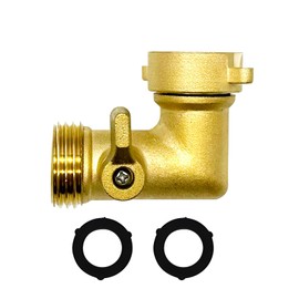 FECOVANTI 90 Degree Brass Garden Hose Elbow Connector with Shut Off Valves-3/4" GHT Garden Hose RV Adapter, Includes 2 Pressure Washers (1, Gold)