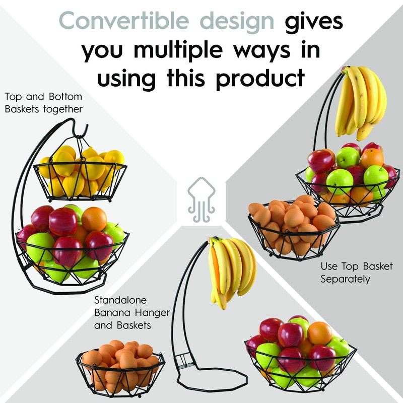 Fruit Basket with Banana Hanger and Fruit Bowl. Kitchen Counter