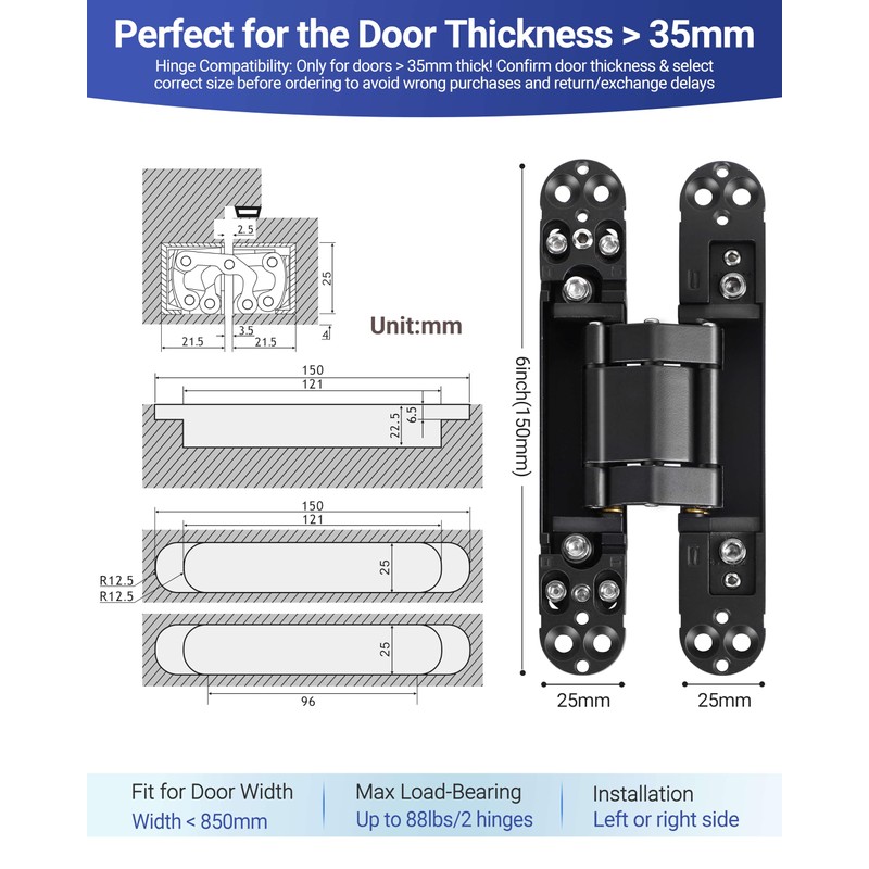 Polar Tangro 6 Inch Invisible Door Hinges (2 Pack), 3D