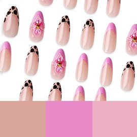 Leopard Print Press on Nails Flower Fake Nails with Design,Medium Almond False Nail Press ons Reusable Artificial Nails Glossy Full Cover Stick on Nails for Women Manicure 24 Pcs
