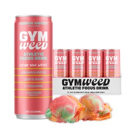 GYM WEED Athletic Focus Drink with KSM-66 Ashwagandha, Lion's Mane Mushroom, L-Theanine, 200mg Green Tea Caffeine with Natural Sweeteners Rainbow Sherbet Flavor, 12 Pack