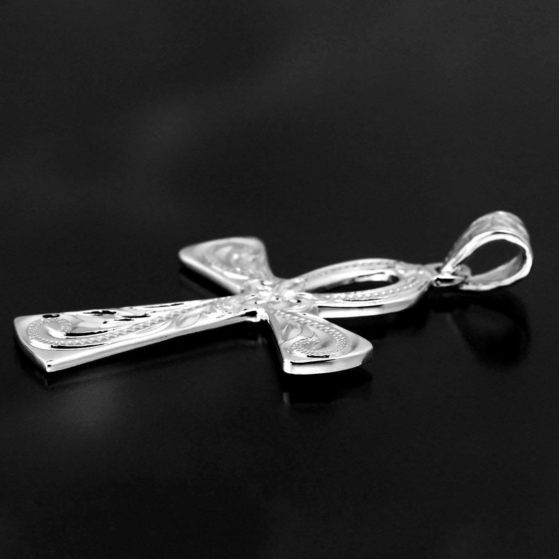 Leilani Hawaiian Jewelry Scroll & Plumeria Carved Cross Pendant Necklace,