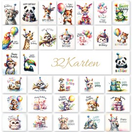 E&G Klasse 32 Birthday Card Greeting Cards Postcards Set with 32 Different Birthday Cards High-Quality Cute Animals with Happy Birthday Postcard Printed for Birthday