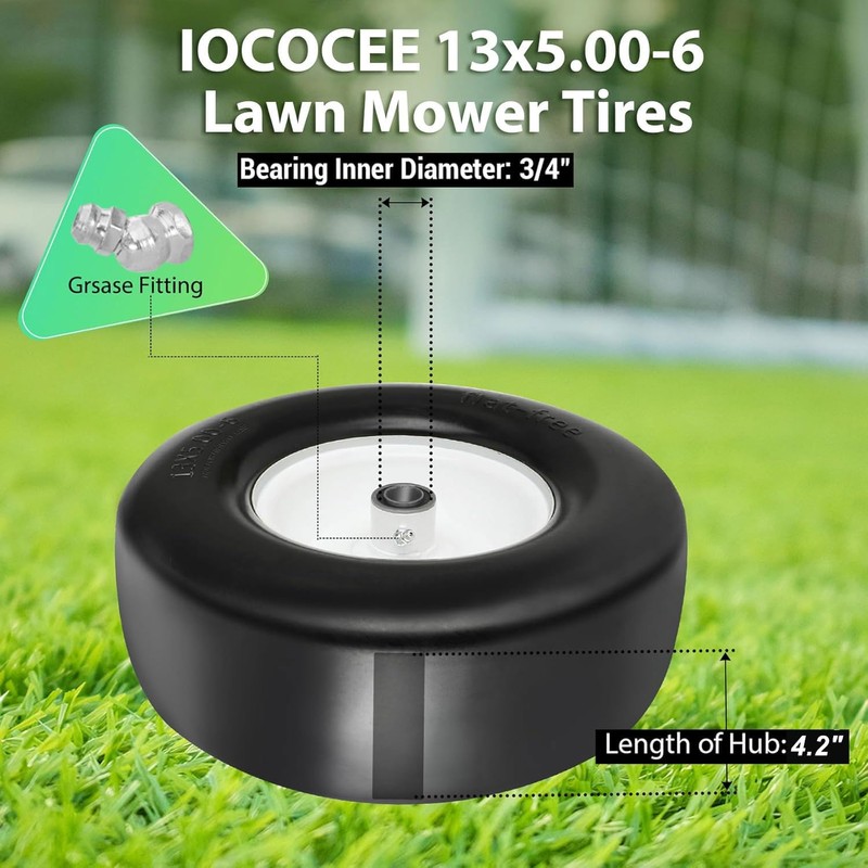 2 Pcs Upgrade 13x5.00-6 Flat Free Lawn Mower Tire and