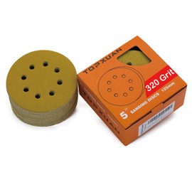TOPXUAN Orbital Sander Pads 5 Inch 8 Holes 320 Grit Sanding disc,Hook and Loop Wet/Dry Gold Replacement Sandpaper,Suitable for Wood,Plastic Grinding and Polishing,Pack of 50