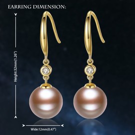 JAXXEL Champagne Pearl Earrings for Women, Fishhook Pearl Drop Earrings with Platinum Plated CZ Diamond, 5A+ Cubic Zirconia Pearl Dangle Earrings Fine Jewelry for Ladies 12MM