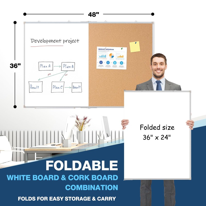 Large White Board Dry Erase Foldable Cork Board Combo, 48"