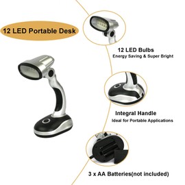 Ragyzity Led Desk Lamp, 12 LED Portable Desk Lamp Powered Battery Table Light, Computer Bedside Table Camping Light, Bright Battery Operated Desk Lamp Work Reading Light (Black Silver)