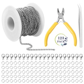 Nswayy 33 Feet Chains Craft Link Chain Silver Sold by the Metre Stainless Steel with 20 Lobster Clasp 100 Jump Rings for DIY Necklace 1 Jewellery Pliers 1 Wire Cutter Pliers