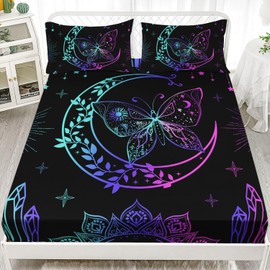 HOSIMA Butterfly Fitted Sheet 3Piece with 2 Pillowcases,Boho Mandala Butterfly Aesthetics Room Decor,Black Twin Bedding Sets Modern Soft Microfiber Bed Sheet with 15-Inch Deep Pockets.