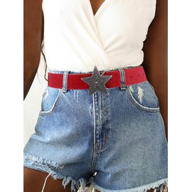 Flimire Western Women Leather Belt with Star Buckle Vintage Ladies Waist Belt for Pants Jeans Cowgirls Belt(Red Star)