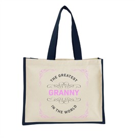 Greatest Granny in the World Cotton Jute Tote Bag - Perfect Birthday, Mother's Day Gift for Granny, Grandma, Grandmother, Gran Navy - L
