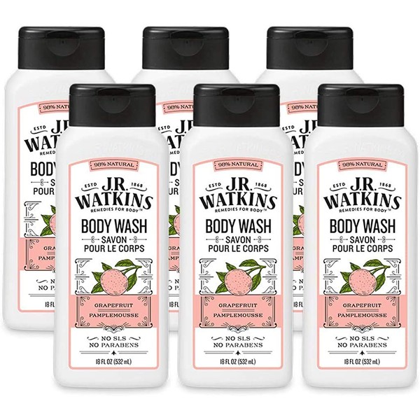 JR Watkins Natural Daily Moisturizing Body Wash, Grapefruit, 6 Pack, Hydrating Shower Gel for Men and Women, Free of SLS, USA Made and Cruelty Free, 18 fl oz