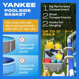 Yankee Poolside Basket for Above-Ground Soft-Wall Pools, Large Pool Basket, 2x Smaller Compartments, 2x Hooks, Pool Bar Regulator, Pools Above Ground Storage, Above Ground Pool Accessories (Gray)