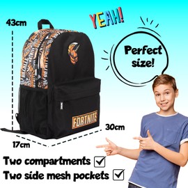 Fortnite Schulrucksack für Jungen Schwarz Groß A4 Multi-Fach Rucksack Reisetasche mit Netztaschen und verstellbaren, gepolsterten Schultergurten, Schwarz/Orange