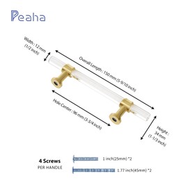 Peaha 10 Pack 3-3/4 Inch Acrylic Cabinet Pulls Gold Drawer Handles Brushed Brass Hardware Zinc Alloy for Dresser Cupboard Kitchen