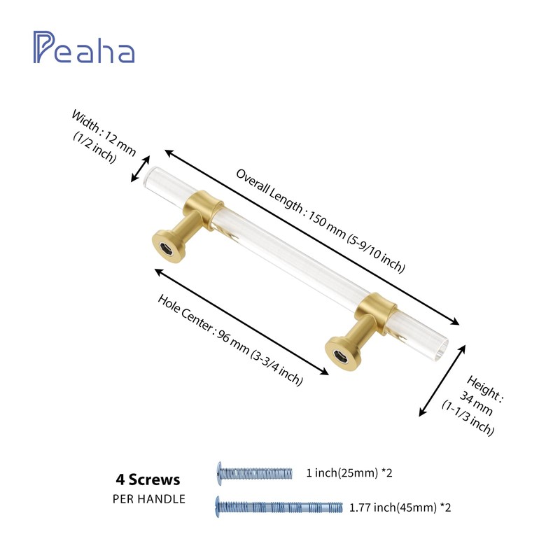 Peaha 10 Pack 3-3/4 Inch Acrylic Cabinet Pulls Gold Drawer