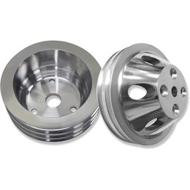 Chrome Aluminum Upper Water Pump (2 Groove) & Crankshaft (3 Groove) Pulley Kit Set Compatible with SBC Chevy SBC 265 283 305 327 350 383 400 for Long Water Pump LWP Crank