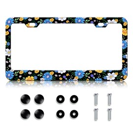 HCSS Folk Flowers License Plate Frame Colorful Cute Floral Stainless Steel License Plate Holder Cover Car Accessory Rust-Proof Waterproof Car Decorative Tag Frames for Standard US 12x6 Inch