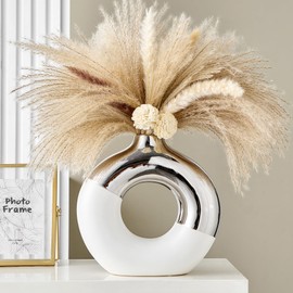 Ceramic Donut Vase, 10"L x 10"H White and Silver Vase for Pampas Grass, Modern Round Vases for Silver Decor, Ceramic Vase Centerpieces for Wedding, Bedroom, Living Room, Coffee Table, Entryway, Office