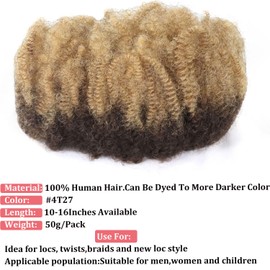 Afro Kinkys Bulk 100% Human Hair 50g/Bundle Colored Afro Kinky Curly For Crochect Lock Dreadlock Braids Hair Extensions (#4T27, 14 Inches)