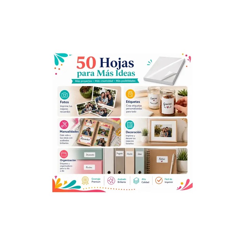 50 Hojas De Papel Fotográfico Autoadhesivo A4, 135g, Blanco
