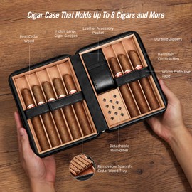 OTAKOKIT Portable Cigar Humidor, Leather Cedar Wood Cigar Case with Cigar Lighter, V Cut Cigar Cutter, Cigar Punch 3 in 1, Travel Cigar Humidor Box 8 Cigars with Humidifier, Black