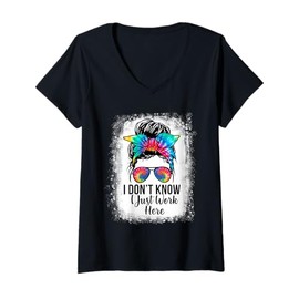 Womens Retro Messy Bun Tie Dye I Don't Know I Just Work Here Funny V-Neck T-Shirt