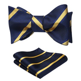HISDERN BC-01 Men's Bowtie, Hand-tied Bowtie, Chief Set, Adult, Washable, Weddings, Receptions, After-parties, Entrance Ceremonies, Parties, 32 navy/yellow (stripe), Free size