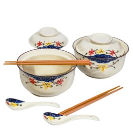 Ceraozmus Ceramic Ramen Bowl Set, 800ml, with Lid, Spoon and Chopsticks, Japanese Vintage Large Soup Bowls Instant Noodle Bowl Asian Tableware (Color*2)